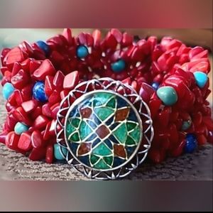 CAROLYN POLLACK Relios Native American .925 Turquoise Coral Stretch Bracelet